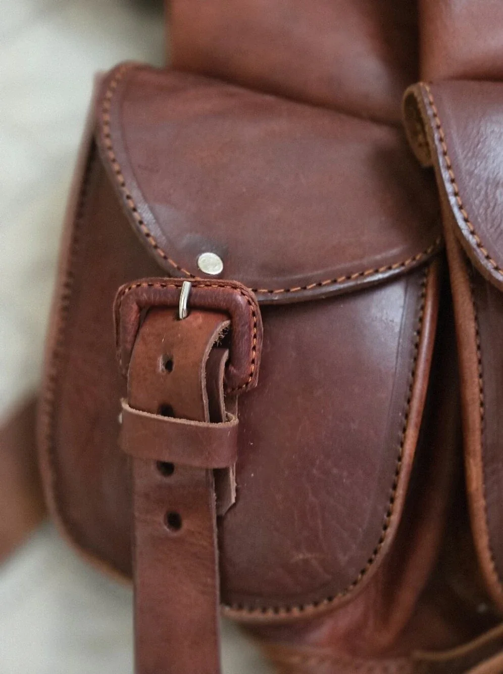 Men's Brown Leather Buckle Backpack